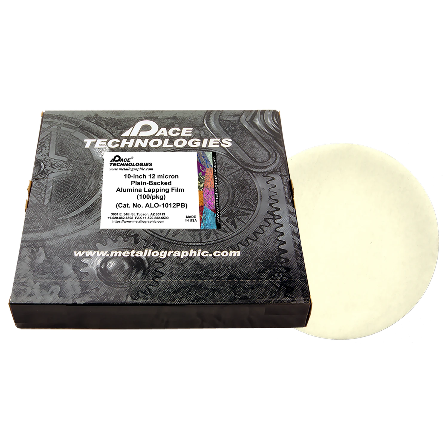 10" Alumina Lapping Film with plain backed, 12 micron, 100/box, ALO-1012PB