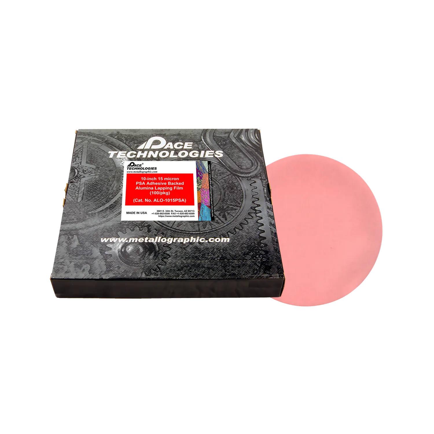 10" Alumina Lapping Film with PSA backed, 15 micron, 100/box, ALO-1015PSA