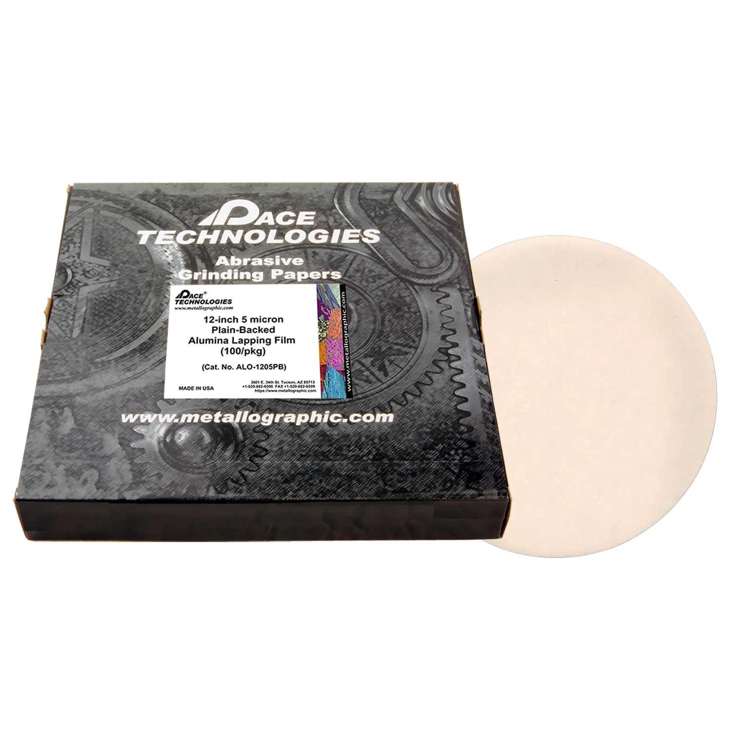 12" Alumina Lapping Film with plain backed, 5 micron, 100/box, ALO-1205PB