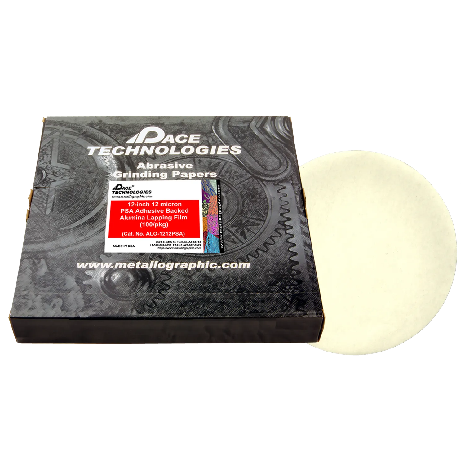 12" Alumina Lapping Film with PSA backed, 12 micron, 100/box, ALO-1212PSA