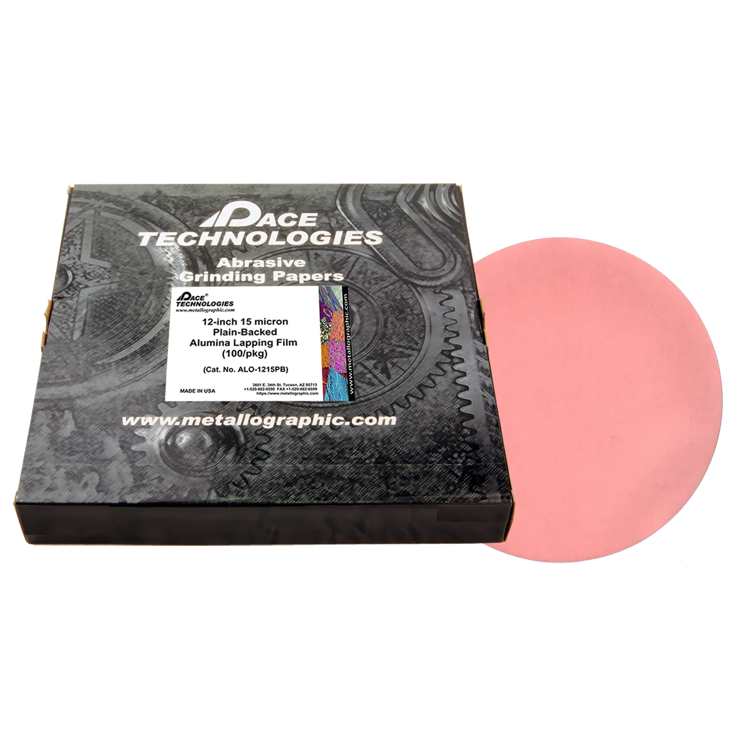 12" Alumina Lapping Film with plain backed, 15 micron, 100/box, ALO-1215PB