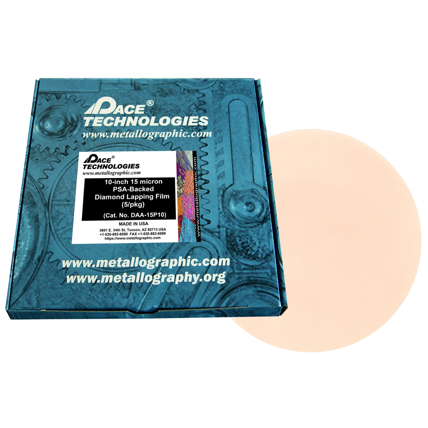 10" Diamond Lapping Film with PSA backed, 15 micron, 5/box, DAA-15P10