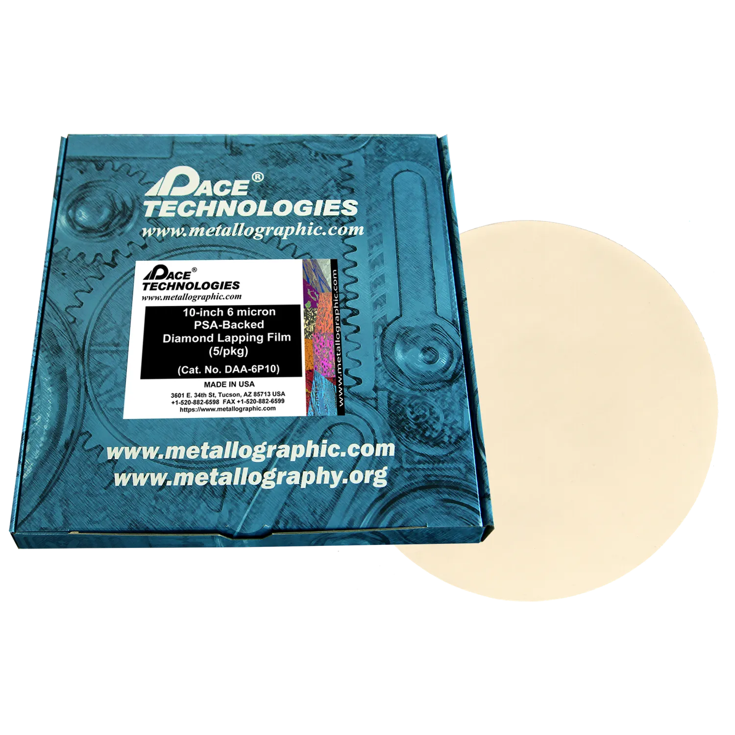 10" Diamond Lapping Film with PSA backed, 6 micron, 5/box, DAA-6P10